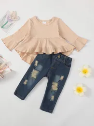 Baby girl 2-piece ribbed long sleeved top and torn denim jeans set with pleated decorative casual clothing for childrens spring clothing 240225