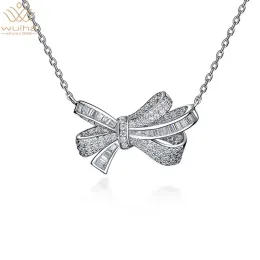 Halsketten WUIHA Luxus 100% 925 Sterling Silber Erstellt Moissanit Edelstein Bowknot Anhänger Halsketten Für Frauen Hochzeit Edlen Schmuck Geschenke