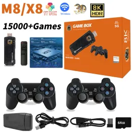 콘솔 M8/X8 게임 스틱 8K 15000+ 게임 PS1/FC/GBA 무선 컨트롤러 용 아케이드 레트로 비디오 게임 콘솔 안드로이드 용 미니 TV 상자