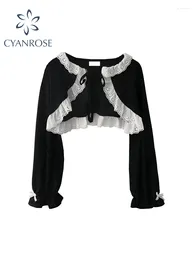 Women's Blouses Women Lace Patchwork Shirts Blouse Korean Style Harajuku Elegant Fashion Vintage Y2k Black Long Sleeve Top Clothes 2024