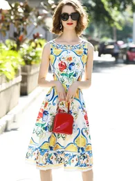 Summer Fashion High Street Dress Kobiety Bez rękawów Wspaniały kwiatowy nadruk Vestidos Beach Holiday