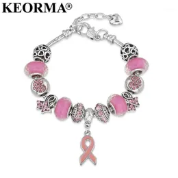 KEORMA Breast Cancer Awareness Pink Ribbon Pendant Heart Snake Chain Adjustable Charm Bracelet & Bangles Women Mother's Day G217E