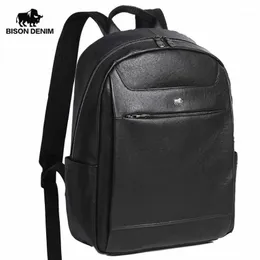 BISON DENIM Genuine Leather Fashion Backpack 15 inches Laptop Bag Travel Backpack Schoolbag For Teenager Quality Mochila N200361285S