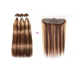 P4/27 Piano Color Brazilian Human Hair 3 حزم مع 13 × 4 الدانتيل الأمامي 4 PCS/الكثير من موجة الجسم حريري مستقيم 10-30 بوصة