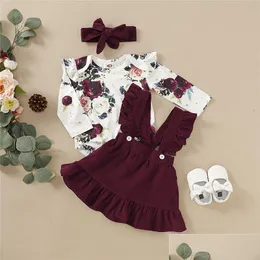 Set di abbigliamento Vestiti per bambini carini Primavera Autunno Neonata Neonata Pagliaccetto floreale Gonna con cinturino Abito Fascia 3 pezzi Abiti Bambino Drop De Dhthk