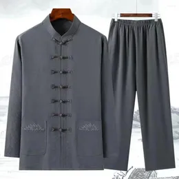 Tute da uomo Completo da uomo Tang Set tradizionale cinese per camicia con colletto alla coreana di mezza età Pantaloni a gamba larga Tinta unita morbida