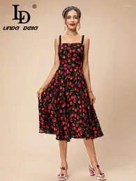 Vestidos casuais ld linda della 2024 estilo pista designer vintage vestido feminino real suspensórios de seda cereja impressão splice slim fit