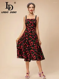 Casual Dresses Ld Linda Della 2024 Style Runway Designer Vintage Dress Women's Real Silk Suspenders Cherry Print Splice Slim Fit