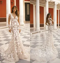 Lace Berta Meerjungfraukleider mit Langarm angewendet Tüll Illusion Mieder Hochzeitskleider Brautkleid Vestidos de Nnovia