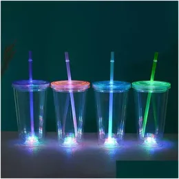 Tumblers 16Oz Acrylic Led Light-Up Flashing With Lid And Sts Snow Globe Tumbler Double Wall Clear Plastic Drop Delivery Home Garden Dhfcd