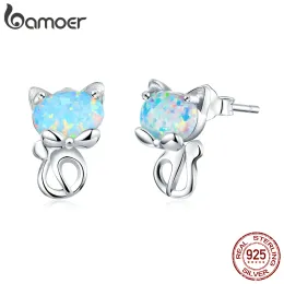 Charme bamoer genuíno 925 prata esterlina azul opala bonito gato brincos para mulheres animais moda jóias presentes para menina sce828