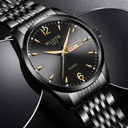 MENS Titta på Business Double Calender Glow Quartz Watch Steel Band titta på äkta läder vattentät herrar klocka