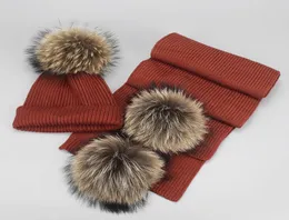 2020 Women Pom Pom Beanie Warm Sticked Fur Pompom Hat and Scarf Set Lady Real Raccoon Fur Girls Winter Hat Skallies5386489