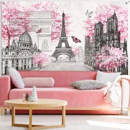 Tapestries Paris Tapestry Backdrop Wall Art Eiffel Tower Po Banner Background European City Landscape Pink Hanging Decor