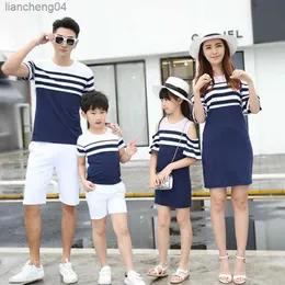 Family Matching Outfits Family Clothing Striped Off Shoulder Mother Daughter Dress Family Matching Clothes Father Son T-shirt Parent-Child Family Set