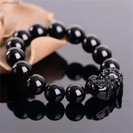 Beaded Feng Shui Wealth Armband Pixiu Lycka till armband Black Obsidian Stone Crystal Pärlor Armband för kvinnor Män Bönsmycken gåva YQ240226