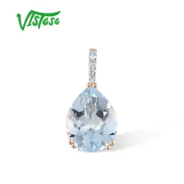 Halsband Vistoso äkta 14K 585 Rose Gold Pendant For Women Sparkling Pear Shape Natural Sky Blue Topaz Diamonds Daily Fine Jewelry