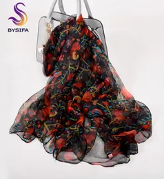 BYSIFA Lenço de seda feminino vermelho preto xale novo design floral primavera outono lenços longos 170105 cm elegante lenço de pescoço fino Y2010074587072