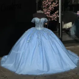 Светло-голубое иллюзионное бальное платье с бисером и кристаллами Quinceanera Платье с открытыми плечами и аппликациями Кружевной корсет Vestidos De XV Anos