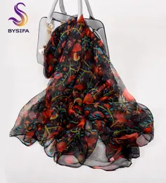 Bysifa Ladies Red Black Silk Scarf Shawl New Floral Design Spring Fall秋スカーフ170105cmエレガントな薄いネックスカーフY2010071800814