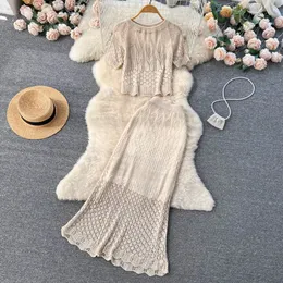 Estilo coreano oco gancho flor rendas manga curta terno saia das mulheres curto topo fishtail 2 peça conjunto na moda 240219