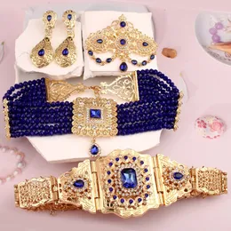 Royal Bule Stone Bridal Jewelry Set Gold Plated Moroccan Caftan Wedding Made 인종 여성 액세서리 어머니 선물 240220