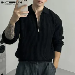 INCERUN Men Shirt Solid Color Lapel Long Sleeve Zipper Streetwear Casual Clothing Knitted Leisure Sweaters Tops S5XL 240223
