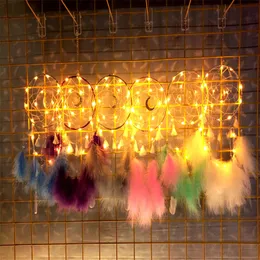Decorazione per feste Dream Catcher Campanelli eolici 6 colori LED Piuma Appeso a parete Ornamento Dreamcatcher Decorazioni per la camera da letto T9I002573