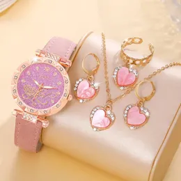 Relógios de pulso 4 pçs / set rosa relógio define mulheres quartzo colar de couro brincos anéis elegante casual relógio de pulso relogio feminino