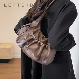 LEFTSIDE Retro läder axelväskor för kvinnor vinter vintage underarmspåse handväskor och pursar senaste modehandväska 240219