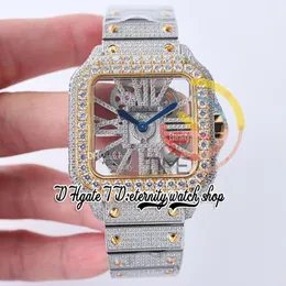 SF TWF0029 Swiss Ronda 4S20 Кварцевые мужские часы полностью замороженные с большими бриллиантами Безель из желтого золота с римскими маркерами Скелет с бриллиантовым циферблатом St298c