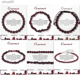 Frisado natural vermelho garnet grânulo pulseiras para mulheres homens irregular chip cascalho redondo gem quartzs pedra grânulos pulseiras com cartão jóias yq240226