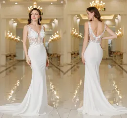 Sexy Backless NEW Mermaid Wedding Dresses Deep V Neck Appliques Ivory Bridal Gowns Sweep Train Robes under 50 CPS3040