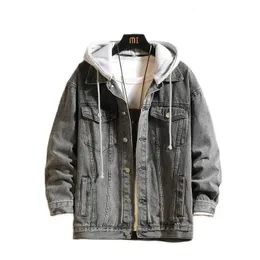 Denimjacka män huva casual män jean jackets streetwear fast color swing down collar denim rockar män jacktes hatt avtagbar240226