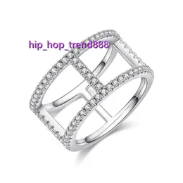 Jiangyuan New designer white gold plated fine jewelry shiny moissanite diamond H shape double band ring 925 silver line ring