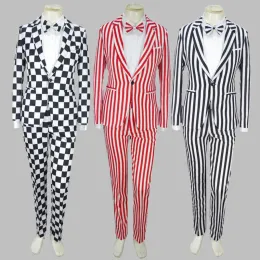 Tute da uomo Set Bebes Cappotto scozzese bianco nero Pantaloni Papillon 3 pezzi Abito da cantante maschile Costume da clown Spettacolo teatrale magico Tema Abito 4XL a righe