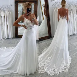 Boho rendas uma linha vestidos de casamento cintas sem costas apliques país vestido de casamento varredura trem designer vestidos de noiva de casamento