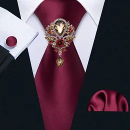 Brooches Red Satin Silk Tie Rhinestone Brooches Men Wedding Tie Hanky Set Barry.wang Fashion Designer Solid Neckties for Men Gift Party