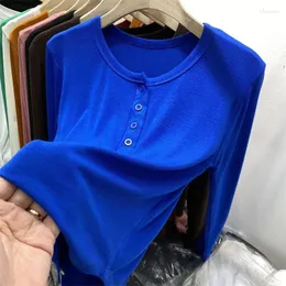 Women's T Shirts Spring Long Sleeve T-shirt 2024 Shirt Top Camisetas Button Solid O Neck Stretch Casual Tees Blouses For Women