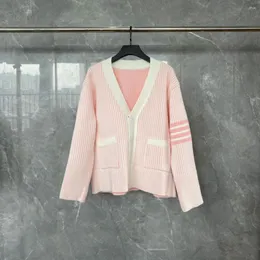 Men's Sweaters Fashion Cardigan Four-bar Knit Striped Color Contrast Light Blue Pink Male And Female Neutral Thick Needle Casual Preppy