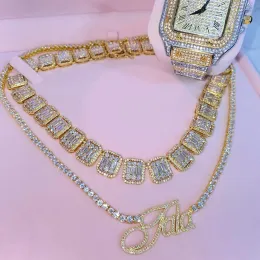 Halsketten the Bling King Custom Slim Cursive Letters Anhänger mit Tenniskette Iced Out Cubic Zirconia Flower Font Name Hiphop Jewelry