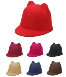 Chapéus de borda larga bonito orelhas de gato chapéu de feltro de lã para mulheres crianças meninos meninas cor sólida simples fedoras formal equestre parentchild 7495003