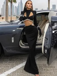 Work Dresses High End Two Piece Sets Women Black Bandage Crystal Long Sleeve Cut Out Crop Top And Skirts Celebrity Evening Party Outfits