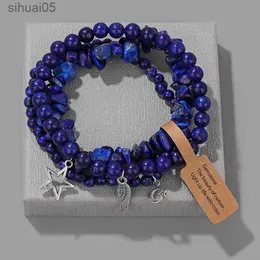 Bärade 3st färgglada oregelbundna chipstenarmband set män kvinnor handgjorda lapis lazuli pärlor hängande armband par rikedom smycken yq240226