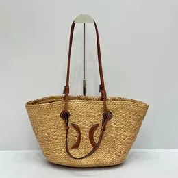 Luxuriöse Strandtasche, Stroh-Einkaufstasche, Designer-Tasche, Sommerurlaub, Reisetasche, Gemüsekorb, Schulterhandtaschen, gewebtes Lederband, große Einkaufstasche