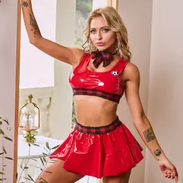 Vestidos casuais mulheres sexo conjunto de couro tecido stripper espartilho apertado top saias curtas para mulheres bodycon vestido saia vermelha gravata sexi
