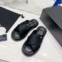 2023 High end Fashion New Style Small Fragrant Wind Cross Cake Thick Bottom Slippers with Genuine Leather Casual Open Toe Bread Slippers