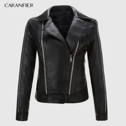 Jackor Caranfier 2019 New Fashion Women Spring Autumn Soft Faux Leather Jackets Lady Motorcyle Dragkedjor Biker Blue Coats Black Outerwear