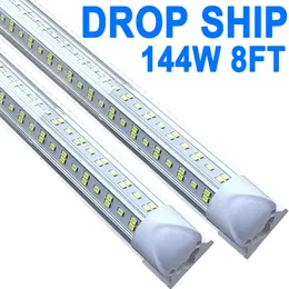 LED 상점 조명 8FT 144W 14400LM 6500K 반사기가있는 차고 조명, V 모양 LAIND SHOP LIGHTS, CLEAR 커버 천장 조명, T8 통합 픽스처 크레스트 크레 테크