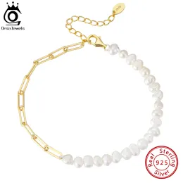 Bangles Orsa Jewels 925 Sterling Silver Vintage Chunky Paper Clip Link Chain Pulseira com Pérola para Mulheres Meninas Moda Jóias GPB01